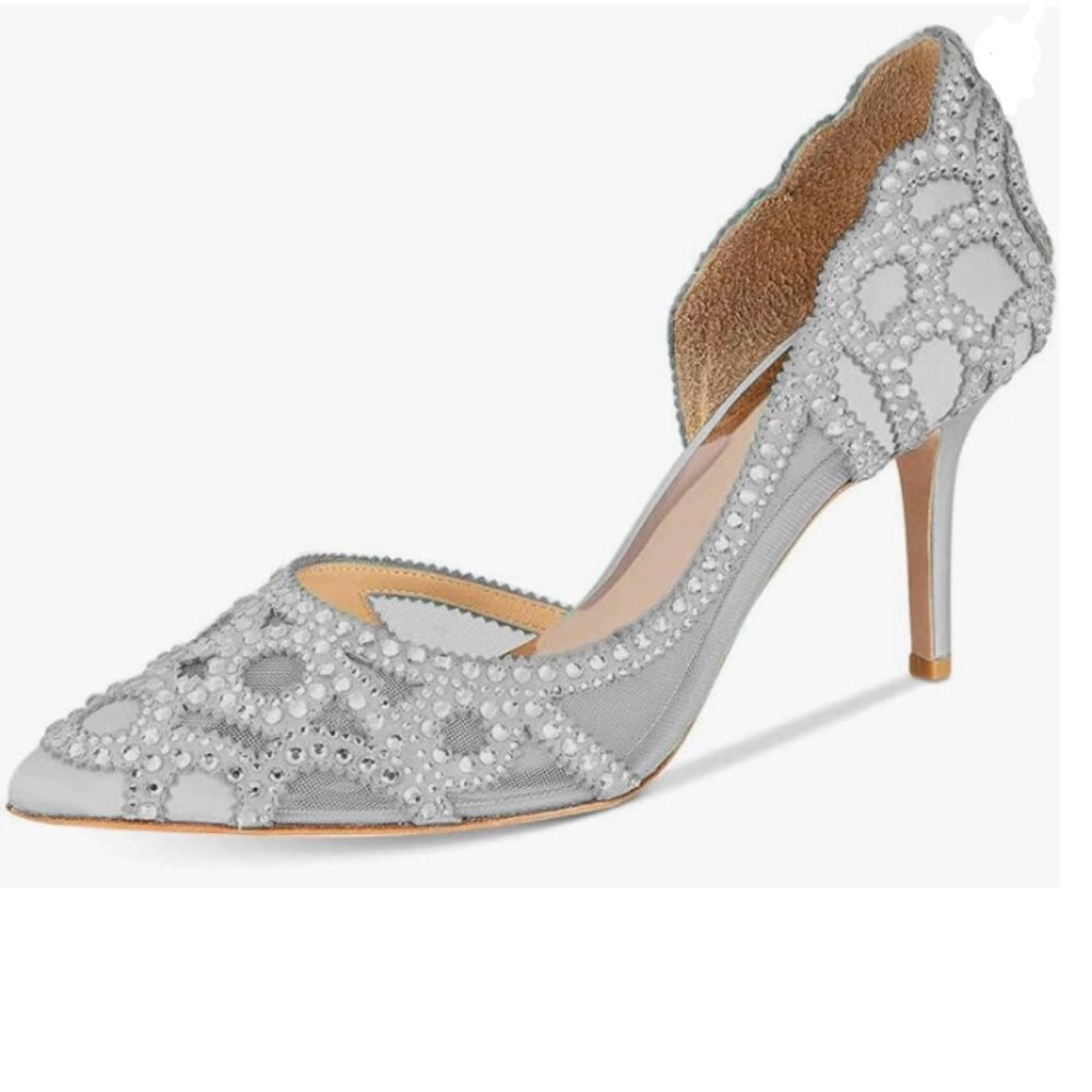 XYD Grey Pointy Toe Crystal Studded Bridal Pumps High Heel D'Orsay Mesh Shoes